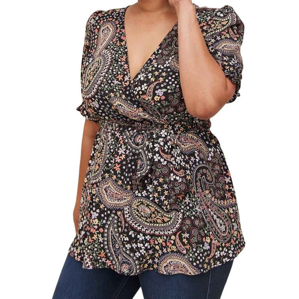 Torrid Georgette Surplice Puff Sleeve Floral Paisley Black Blouse Plus 5X Boho